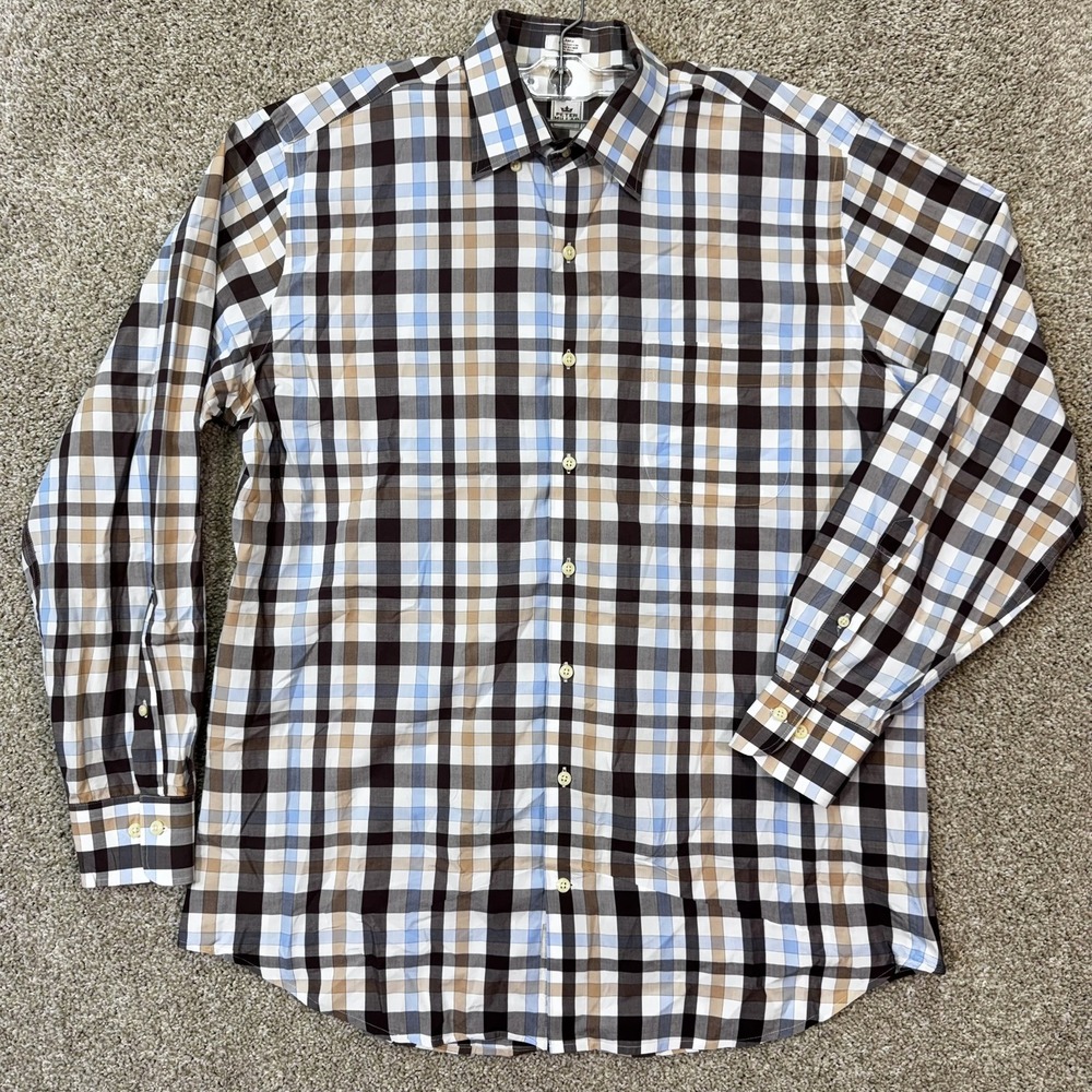 Peter Millar Shirt Mens Large Button-Down Brown Blue Check EUC